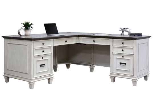 Antique executive l shaped desk with drawers vintage linen angle view