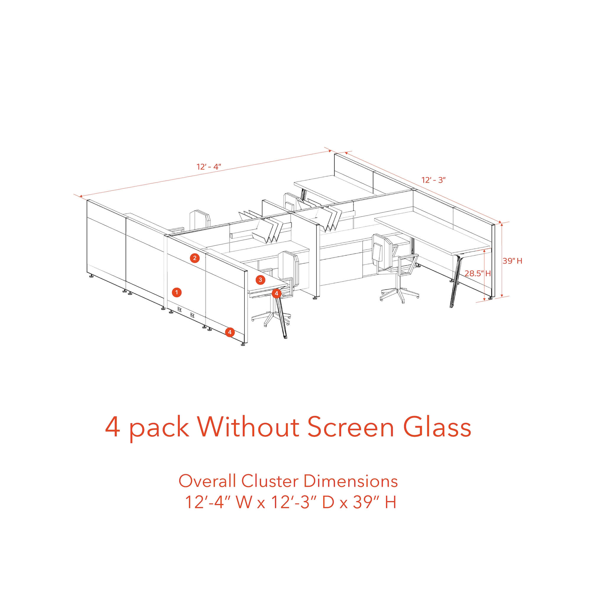 Modern cubicles tapered legs 4 pack without screen glass 39H Modern cubicles tapered legs 4 pack without screen glass 39H