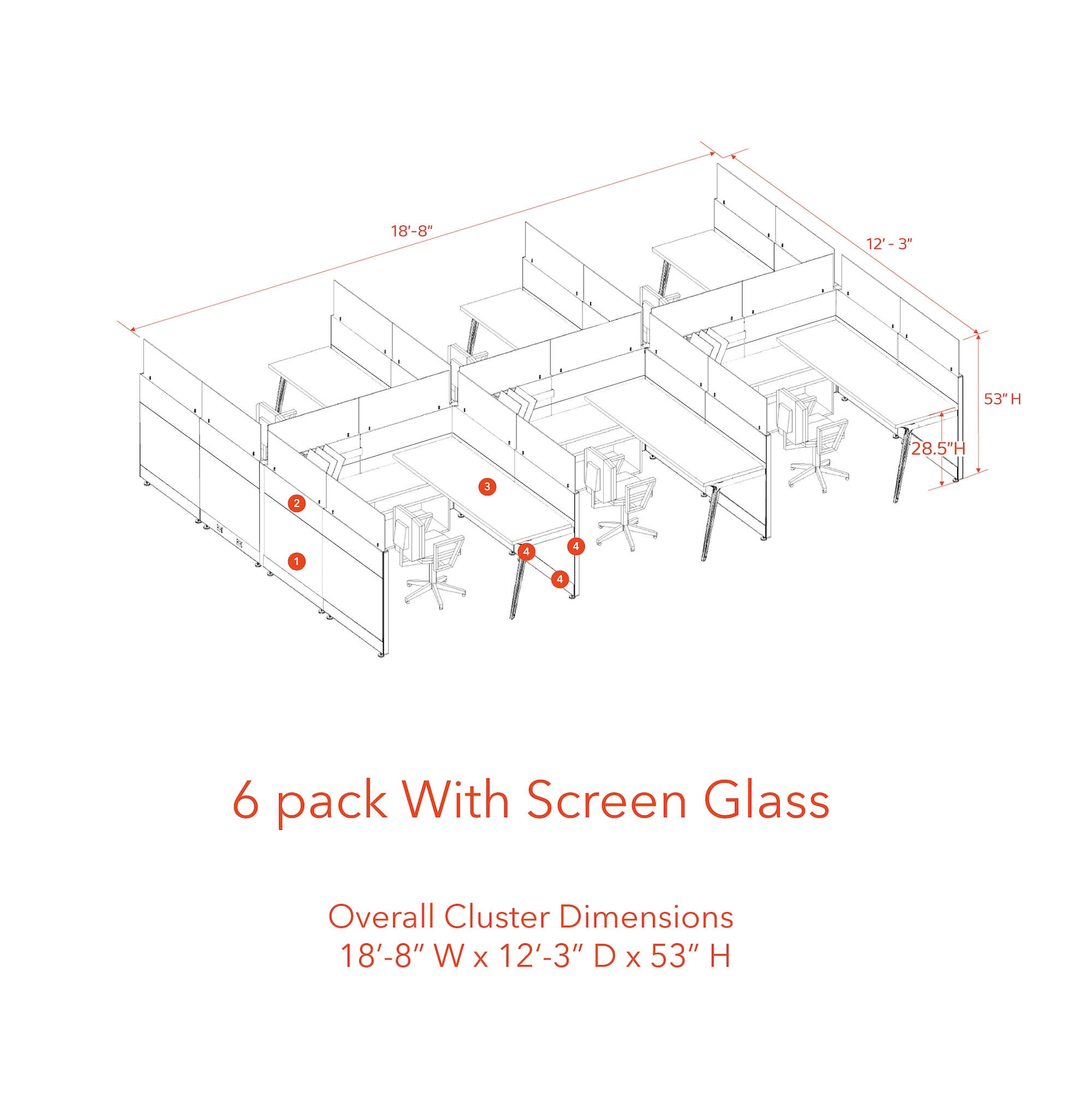 Modern cubicles tapered legs 6 pack with screen glass 53H Modern cubicles tapered legs 6 pack with screen glass 53H