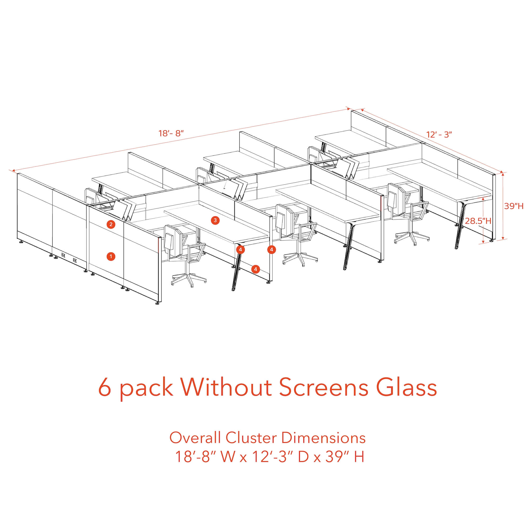 Modern cubicles tapered legs 6 pack without screen glass 39H Modern cubicles tapered legs 6 pack without screen glass 39H